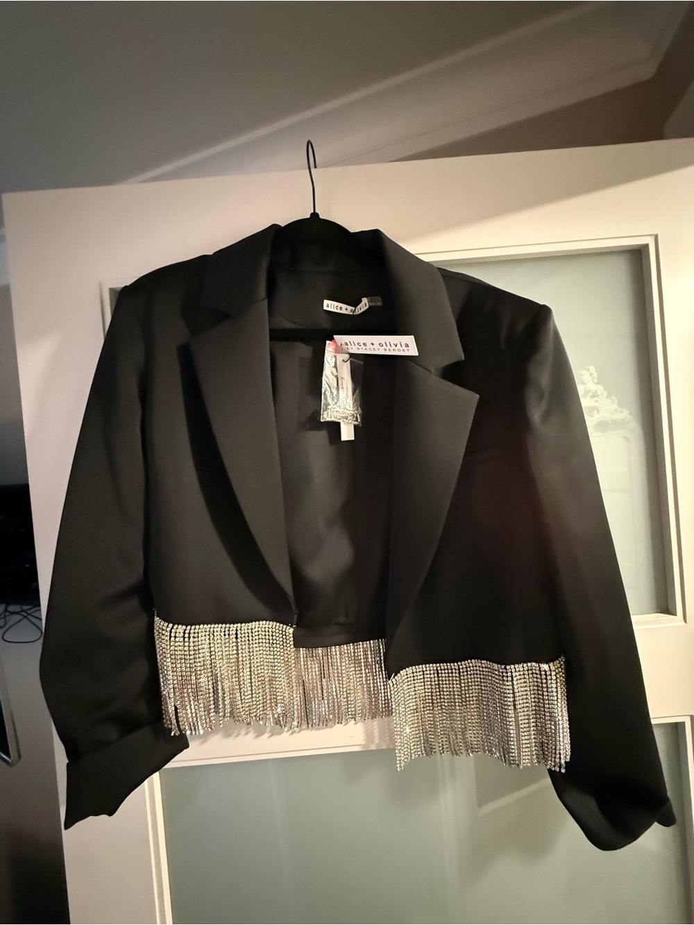 Alice + Olivia Black Cropped Blazer with Silver Fringe Hem